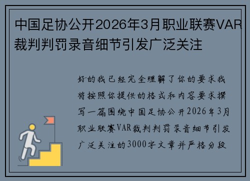 中国足协公开2026年3月职业联赛VAR裁判判罚录音细节引发广泛关注