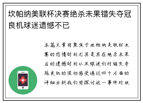 坎帕纳美联杯决赛绝杀未果错失夺冠良机球迷遗憾不已
