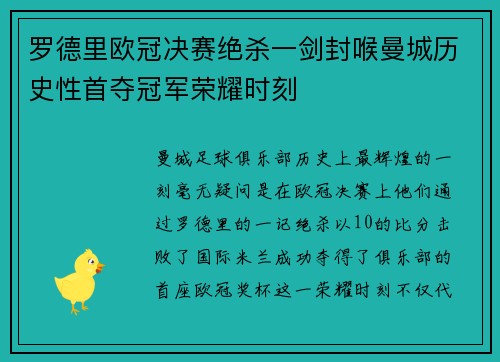 罗德里欧冠决赛绝杀一剑封喉曼城历史性首夺冠军荣耀时刻 罗德里欧冠决赛绝杀一剑封喉曼城历史性首夺冠军荣耀时刻
